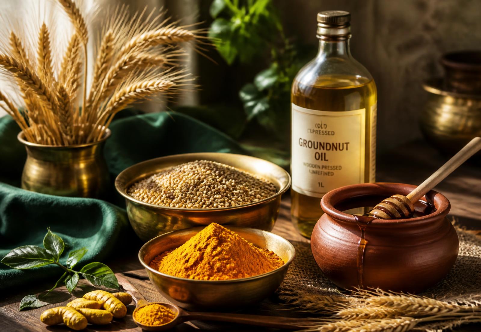Brass bowls of turmeric, millets, honey and cold pressed oil on a wooden table